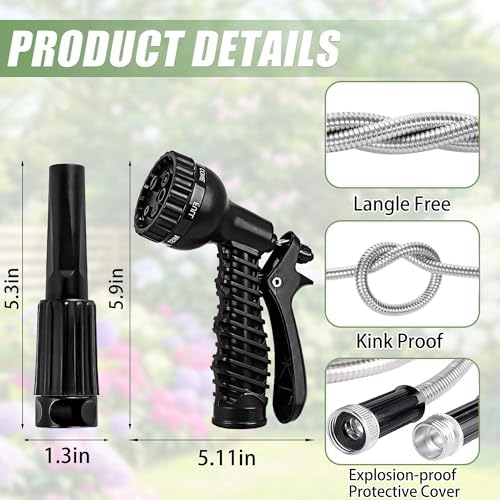 75FT Metal Garden Hose – 304 Stainless Steel Heavy Duty Water Hose with 2 Nozzles, Flexible Kink-Free Dog-Proof Hose for Garden Watering, Car Washing, House Cleaning & Dog Bathing - Image 5