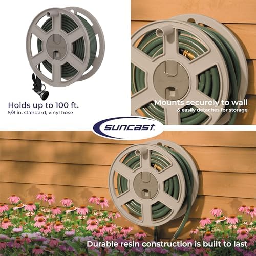 Suncast Sidewinder Wall Mount Garden Hose Reel, 100 Feet Capacity for 5/8 Inch Standard Vinyl Hosepipe, Light Taupe – Resin Water Line Holder for Lawn, Gardening and Outdoor Watering - Image 4
