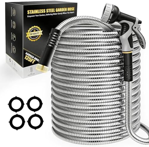 Lefree 125ft Stainless Steel Garden Hose - Metal Water Hose | No Kink Leak Proof Dog Chew Proof with Upgraded Protective Rubber Sleeve & 10 Function Spray Nozzle for Large Yard Gardening RV Pet Bath by Lefree