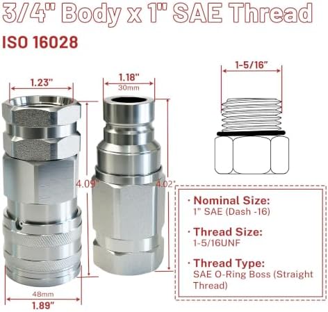 1" SAE Thread Flat Face High Flow Skid Steer Hydraulic Quick Connect Couplers Set | 3/4" Body - Image 3