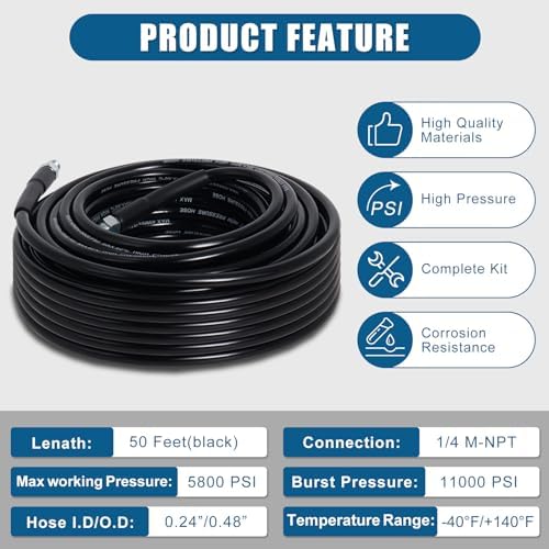 50FT 1/4-In Sewer Jetter Kit, 5800 PSI Pressure Washer Drain Cleaner Hose - Image 4