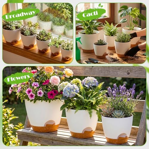 Remerry 15 Pcs 7/6.5/6/ 5.5/5 Inch Self Watering Planters with Drainage Hole Plant Pots Plastic Flower Pots Self Watering Pot and Saucer Reservoir for Garden Plant Flower (White) - Image 2