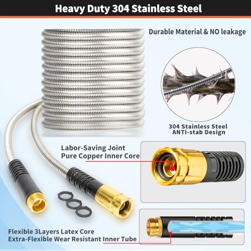 Metal Garden Hose 125FT Heavy Duty Lightweight 304 with Brass Nozzle,Durable Fittings,No Kink & Tangle,Puncture Resistant,Easy to Use & Store for RV,Outdoor, Yard,Ligh (125ft) - Image 2