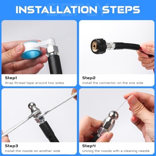 Sewer Jetter Kit for Pressure Washer, 100FT 5800 PSI Drain Cleaner Hose with 1/4" NPT Corner, Rotating and Button Hose Sewer Jetting Nozzle, Waterproof Tape, Pearl Corsage Pin, Spanner, Glove - Image 6