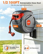 Retractable Garden Hose Reel 1/2 Inch 90FT Wall-Mounted 180° Swivel 9-Patern Nozzle Automatic Slow Return Any Length Lock Hose Reels for Homeowners Garden Farm - Image 2