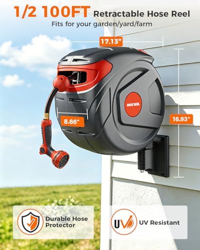 Retractable Garden Hose Reel 1/2 Inch 90FT Wall-Mounted 180° Swivel 9-Patern Nozzle Automatic Slow Return Any Length Lock Hose Reels for Homeowners Garden Farm - Image 2