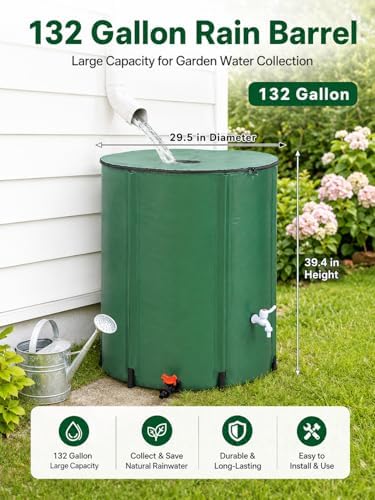 132 Gallon Collapsible Rain Barrel, Portable Rainwater Collection System, Rain Catcher Barrel with Two Spigots and Overflow Kit, Rain Water Barrel Collector for Garden, Green - Image 3