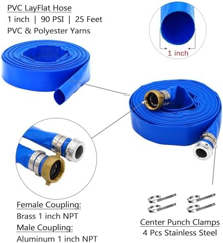 DAVCO 1" ID x 25 ft Pool Backwash Hose, Heavy Duty Reinforced Blue PVC Lay Flat Water Discharge Pump Hoses For Swimming Drain Pools and Clean Filters, With Aluminum Pin Lug Fittings - Image 3