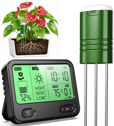 4-in-1 Soil Moisture Meter for Plants ,Soil Temperature /Moisture /Sunlight Time, Large Screen, Garden Soil Tester for Lawn, Farm, Houseplants，Wireless Indoor/Outdoor Plant Water Meter (Dark Black) by EDGEVEIL