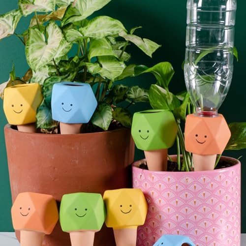 Set of 4 Automatic Clay Cones Watering Spikes Terracotta Watering Aid with Playful Faces for Mess Release Plant Care - Image 3
