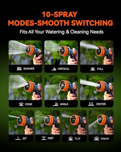 RAINPOINT Full-Metal Garden Hose Nozzle, Heavy Duty Water Hose Nozzle Sprayer With 10 Adjustable Patterns & High Flow,Thumb Control For Flow Adjustment, Ideal For Watering, Washing, Cleaning,Orange - Image 6