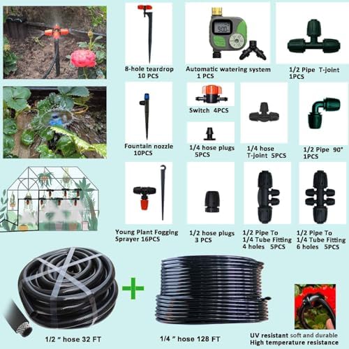 160Ft Drip Irrigation System for with Water Timer Main Water Hose ID 1/2inch 32Ft, 1/4in 131Ft, Sufficient Water Pressure, Irrigation Dripper Waterflow Evenly, Easy DIY Automatic Watering System - Image 2