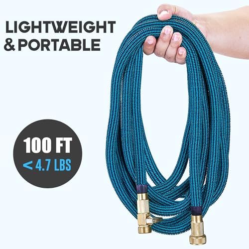 100 ft Expandable Garden Hose with 10 Function Nozzle Sprayer, Lightweight Flexible Water Hose with Durable Collapsible Latex Core & Solid Brass Fittings, 100ft Retractable Stretch Hose Black & Blue - Image 6