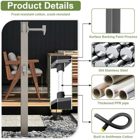 Outdoor Vertical Garden Water Column, Freestanding Hose Stand with Faucet, 304 Stainless Steel Floor Mounted Water Tap Yard Hydrant for Patio Lawn Irrigation, Grey - Image 3