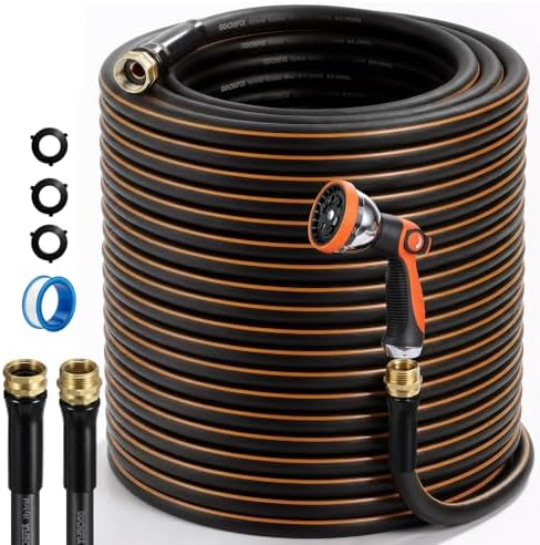 Garden Hose 100ft 5/8 Inch Heavy Duty All-Weather Flexible with Anti-Kink Swivel Connectors 550 PSI Leakproof Brass Fittings and 10-Mode Spray Nozzle by GOCHIFIX