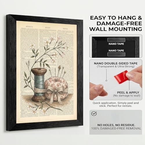 Framed Canvas Wall Art Vintage Sewing Kit Jasmine Earthy Sepia Botanical Spool Canvas Print Poster Black Frame Wall Decor for Craft Room Studio Cottagecore, Antique Encyclopedia Art - 24x36 Inch - Image 3