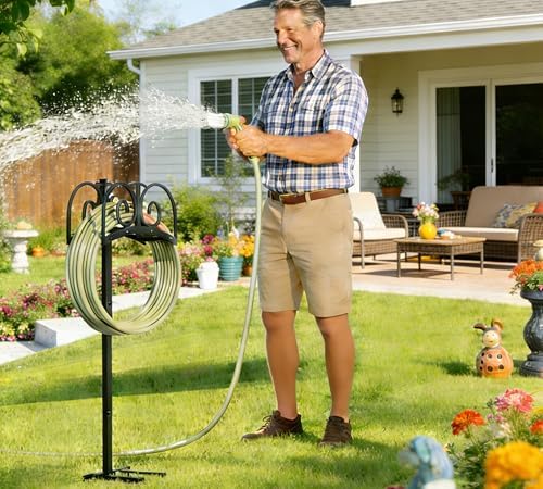 Upgraded Garden Hose Holder Stand with 4 Spikes - Heavy Duty Metal Water Hose Reel, Hose Organizer, Holds 150ft Hose for Outside Yard Lawn, Black - Image 5