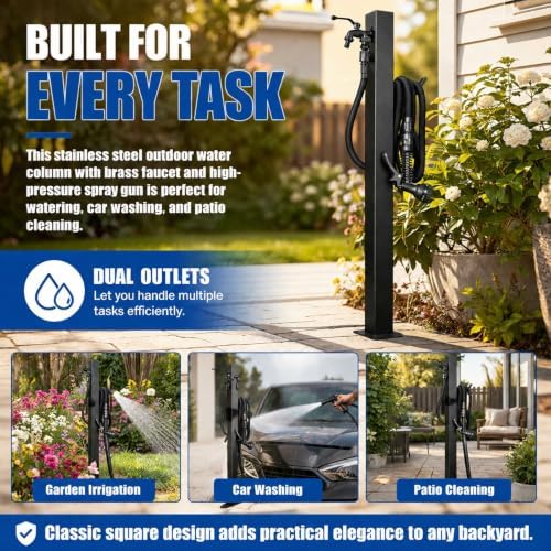 Outdoor Faucet Stand with Hose Holder, Freestanding Garden Water Column, Stainless Steel Outdoor Water Station for Garden Hose Connection - Image 3