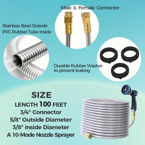 100FT Garden Hose, Stainless Steel Water Hose, Flexible with a 10-Mode Nozzle Sprayer, No Kink, Lightweight, Puncture Proof, Ideal for Yard, Lawn, Outdoor, 5/8'' Outside Diameter - Image 2