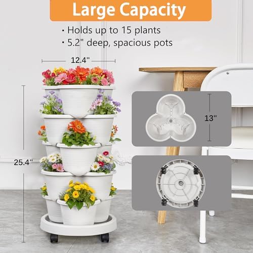 VECELO 5 Tier Vertical Garden Planter, Self Watering Stackable Planters with Wheels for Strawberries, Herbs, Flowers, Vegetables, Gray - Image 5