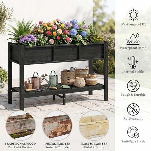 YITAHOME 48x18x30in Raised Garden Bed HDPE, Weather-Resistant Poly Lumber Planter Box with Legs & Storage Shelf, Elevated Garden Bed for Yard, Garden, Balcony - Black - Image 3