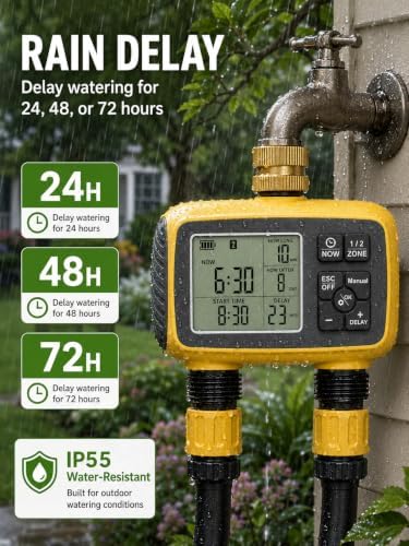 Hose Timer 2 Outlet, 2 Zone Programmable Sprinkler Timer with Rain Delay & Manual Mode, Heavy Duty Digital Timer for Garden Hose, Auto Irrigation Controller for Lawn, Yard & Drip Irrigation Outdoor - Image 3