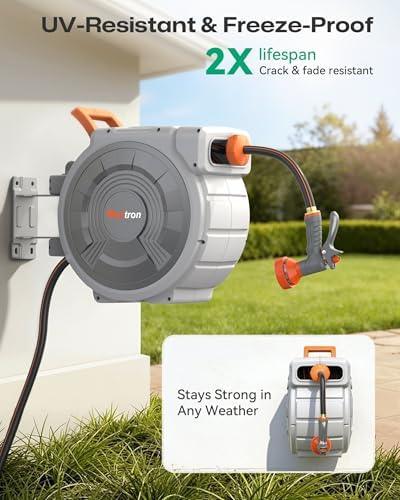 Retractable Garden Hose Reel 5/8"x100ft, 3-Ply Reinforced water hose reel, Any Length Lock, Heavy-Duty Rust Prevention Metal Mount, Brass Fitting, 9 Spray Nozzle for Lawn & Gardening - Image 2