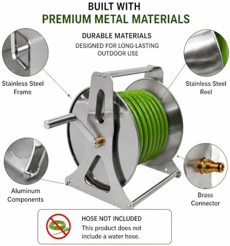 Stainless Steel Hose Reel Cart, 164ft Wall Mount, Crank - Image 2