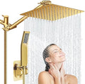 10'' Square Rain Shower Heads with Handheld, High Pressure Shower Head Combo with 11'' Adjustable Extension Arm, All Metal Shower Wand with 78'' Anti-Leak Shower Hose, 3 Way Diverter Valve, Gold by AWAXFOLO