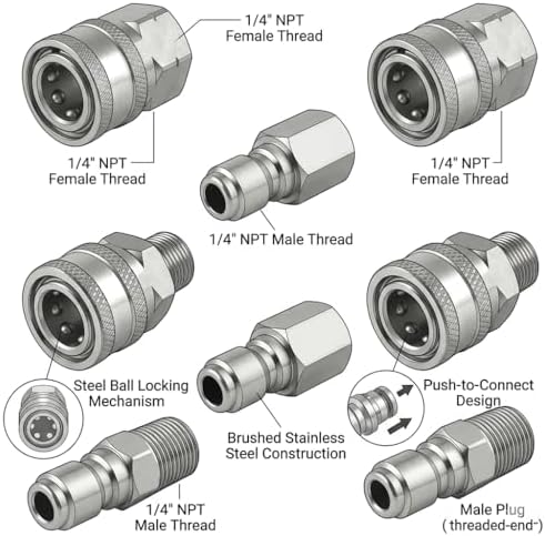 1/4'' Quick Connect Coupler Fittings Stainless Steel Adapter Set for Pressure Washer NPT Male and Female Thread Kit, 16 Pieces adapters - Image 3