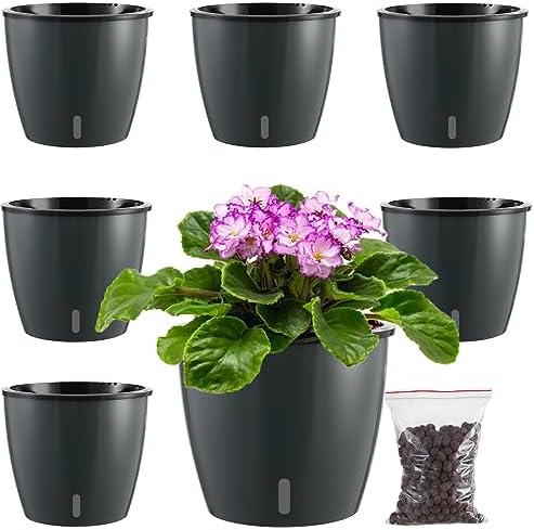 Planterhoma 6.7 Inch Self Watering Pots for Indoor Plants, 6 Packs African Violet Pots with Indicator, Black Wick Pot with Drainage Holes, Self Watering Planters for Orchid, Devil's Ivy, Grey by Planterhoma