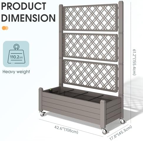 Resin Raised Garden Bed with Trellis and Wheels - Plasitc Planter Box with Trellis Outdoor with Drainage Holes & Water Monitor for Climbing Plants, Flower, Medium Gray(61.2" H) - Image 2