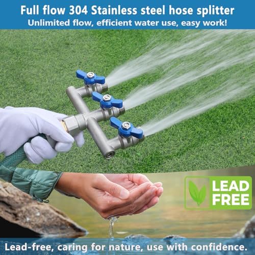 304 Stainless Steel Garden Hose Splitter 3 Way Heavy Duty, Full Flow T Valve Water Hose Splitter With 2.1" Extra Long Handle, Lead-free，3/4" GHT Thread Connector For Outdoor Spigot Faucet - Image 3