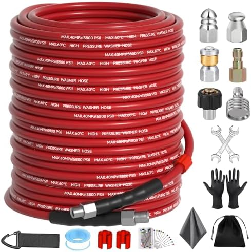 Sewer Jetter Kit 150FT for Pressure Washer, 5800 PSI Drain Cleaner Hose 1/4 Inch NPT with Spray Nozzle, Button Nose and Rotating Sewer Jetting Nozzle, Spanner Teflon Tape Pearl Corsage Pin by Unknown