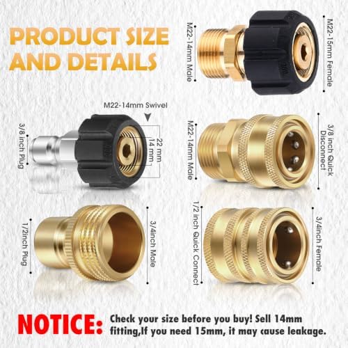 Treela 18 Pack Pressure Washer Adapter Set Quick Disconnect Kit Included M22-15mm Female to M22 14 mm Swivel to 3/8'' Quick Connect Fittings, 3/4 Inch to Release for Garden Hoses - Image 2