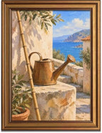 Copper Watering Can by the Sea Gold Framed Poster for Living Room Wall Art by Unknown