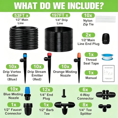 250FT Drip Irrigation System for Garden with 40 Nozzles & Emitters, Garden Watering System with 1/2" & 1/4" Tube and Barbed Fittings - Adjustable Sprinklers Kit for Greenhouse, Lawn, Raised Bed - Image 2