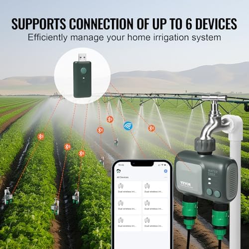 VEVOR Sprinkler Timer WiFi Water Timer, 2 Outlets, Smart Hose Faucet Water Timer with Brass Inlet, APP Remote Control via 2.4Ghz WiFi or Bluetooth, Voice Control, IPX6 for Garden, Yard Watering - Image 3