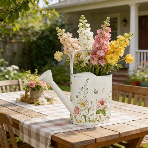 Vintage Floral Metal Watering Can for Indoor/Outdoor Plants, White Functional Garden Waterer with Long Spout, Garden Water Pot Rustic Decor for Home Garden Patio - Image 3