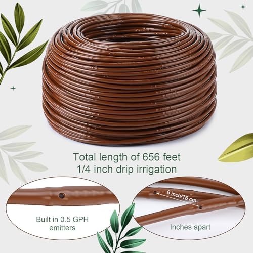 Nuanchu 656 ft 1/4" Drip Irrigation Tubing Irrigation Hose Garden Watering Tube Line with 6 Inch Emitter Spacing Blank Distribution Tubing Drip Line Watering for Garden Irrigations System, Brown - Image 2