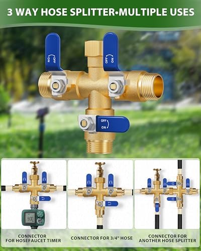 Garden Hose Splitter, 3 Way Heavy Duty Brass hose splitter, Water Hose Bib Spigot Splitter with 0.59" Full Flow Ball Valve Outlet & Shut-Off Valve 3/4'' Connector Outdoor Water Faucet Adapter（Blue） - Image 6