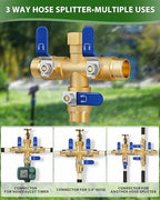 Garden Hose Splitter, 3 Way Heavy Duty Brass hose splitter, Water Hose Bib Spigot Splitter with 0.59" Full Flow Ball Valve Outlet & Shut-Off Valve 3/4'' Connector Outdoor Water Faucet Adapter（Blue） - Image 6