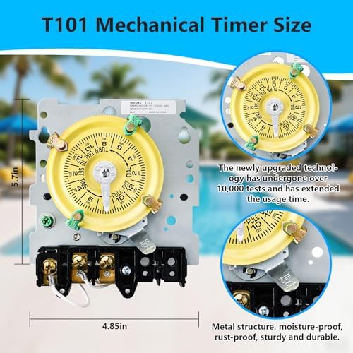 T101 Mechanical Timer Switch,120V AC SPST 40A,60Hz, Pool Pump Switch,Heavy Duty Pool Timers Outdoor,Timer for Lights HVAC Systems,24 Hour 12 ON/Off for Pump, 3 Years Warranty - Image 2