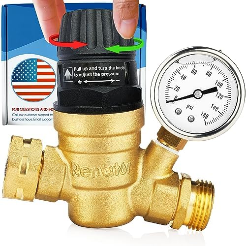 Renator RV Water Pressure Regulator for RV Camper. Brass Lead-free Adjustable Water Pressure Regulator with Gauge for Camper Travel Trailer, Reducer Valve W Filter. M22-0660R. by Renator