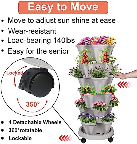 GameXcel Vertical Planter Tower - 6 Tier Stackable Garden Planters with Wheels and Tools Plant Pots for Strawberry Herb Flower and Vegetable Indoor Outdoor Use Gray 2 Pack - Image 5