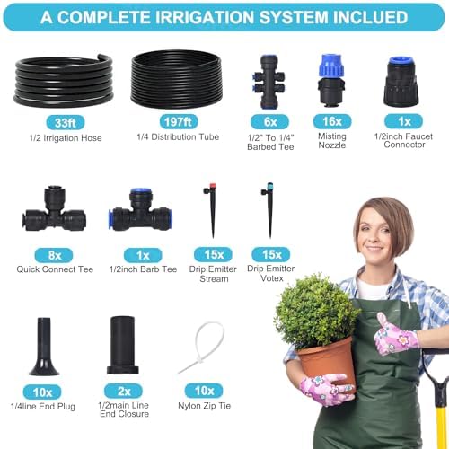230ft Drip Irrigation System with Quick-Connect,33ft 1/2" Mainline & 197ft 1/4" Tubing Drip Irrigation Kit and 3 Nozzle Types Irrigation System for Garden,Flower Bed, Raised Bed, Greenhouse - Image 7