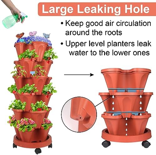 GameXcel Vertical Planter Tower - 6 Tier Stackable Garden Planters with Wheels and Garden Tool Set Plant Pots for Strawberry Herb Flower and Vegetable Indoor Outdoor Use Red - Image 6