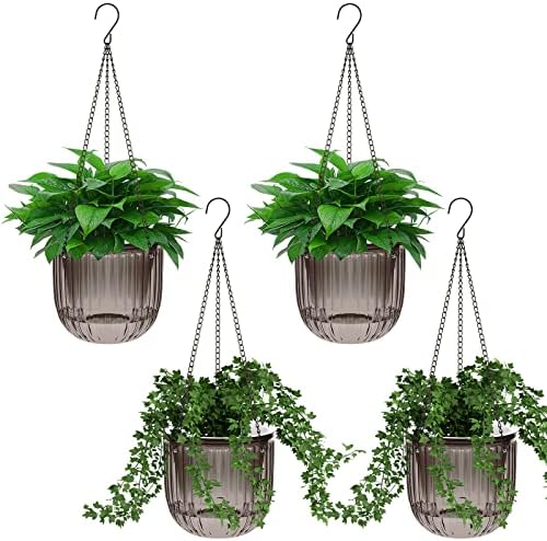 Meanplan 4 Pcs Self Watering Hanging Planter Indoor 6.5 Inch Hanging Baskets for Plants Outdoor Plastic Flower Pot with 3 Hooks Chains Drainage Holes for Garden Home, Medium Size(Gray) by Meanplan