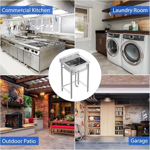21"x21"x33" Stainless Steel Utility Sink, Freestanding Single Bowl Commercial Sink for Restaurant, Laundry Room, Bathroom, Garage, Garden - Image 7