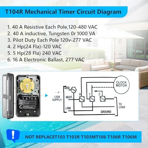 T104R Mechanical Timer Switch,208-277V AC DPST 40A,Pool Pump Switch,Heavy Duty Pool Timers Outdoor,Timer for Lights HVAC Systems,24 Hour 12 ON/Off for Pump, 6 Years Warranty - Image 5